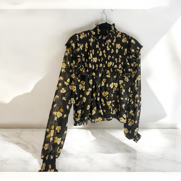 Elegant Floral Black and Yellow Ruffled Puff Sleeve Blouse - Picture 3 of 9